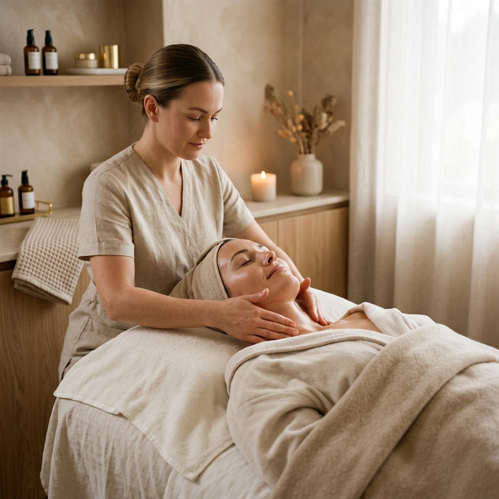 Soin du visage en cabine, lumière chaude, au salon MajestYsée
